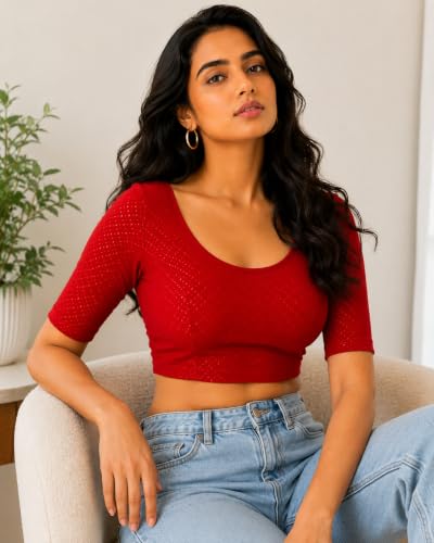 Image of Fressia Fabrics Pure Cotton 4-Way Stretch Readymade Blouse for Women | Free Size to 4XL Stretchable Round Neck Dobby Cotton Half Sleeve Readymade Saree Blouse for Women Stylish