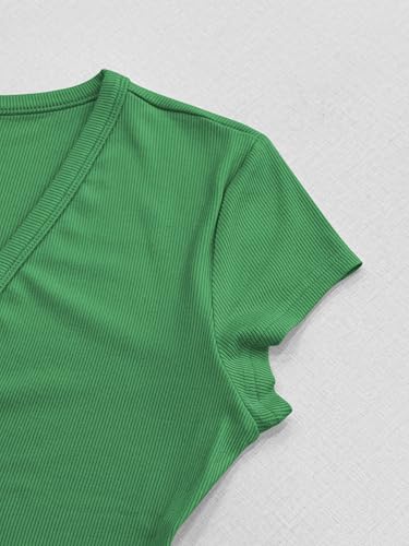 Image of Albe Rita Women Short Sleeve T-Shirt Cap V Neck Shirts for Women Ribbed Casual Top Knit Slim Fit for Summer