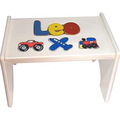 Amazon Com Personalized Puzzle Step Stool For Kids Transportation Wooden Name Stool 9 12 Letters Handcrafted White Wood Furniture Bench With Primary Cutout Alphabets Unique Gifts For Kids Toys Games