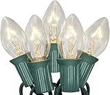 C7 Christmas Lights, 25Ft Outdoor Clear Christmas String Lights with 27 Clear Warm White Incandescent Bulbs, Vintage Christmas Lights for Roofline Patio Christma Cafe Party Decorations, Green Wire