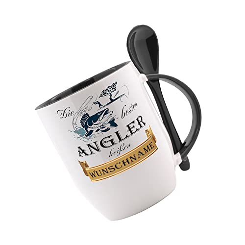Crealuxe Löffeltasse'Die besten Angler heißen... Wunschname' personalisiert, Kaffeetasse mit Motiv, Bürotasse