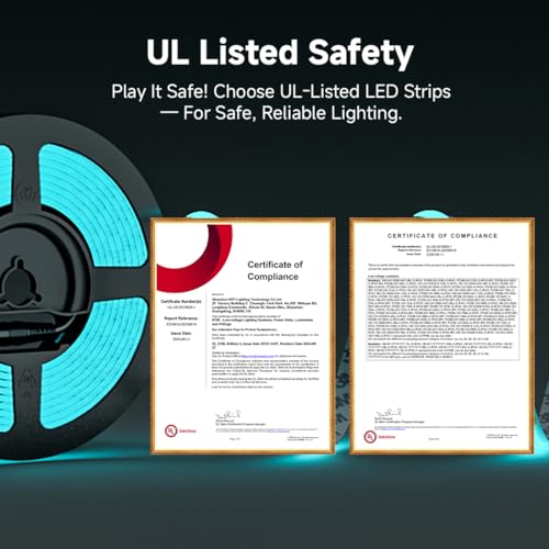 Image of BTF-LIGHTING Ice Blue COB LED Strip Light, UL Listed 480LED /m High Density Uniform Light,16.4FT DC12V 8mm Width 3M Tape Light for Cabinet Bedroom Home Indoor DIY Lighting(No Adapter or Controller)