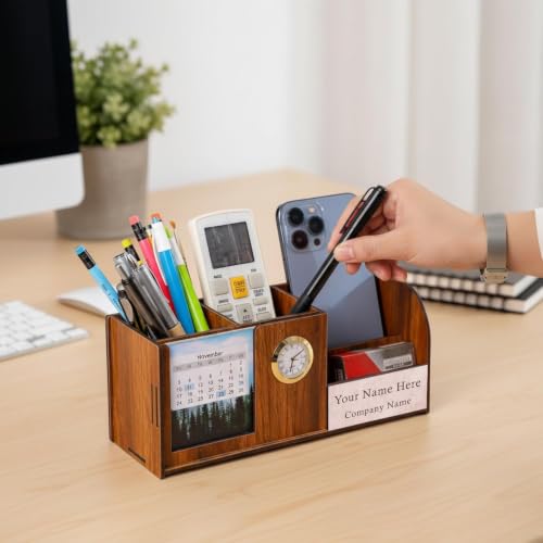Image of Deskart Personalized Pen Holder Stand with Clock, Two Years Calendar, Business Visiting Card & Mobile Holder | Multipurpose Desk Organizer with Name Engraving for Office Desk and Gifting