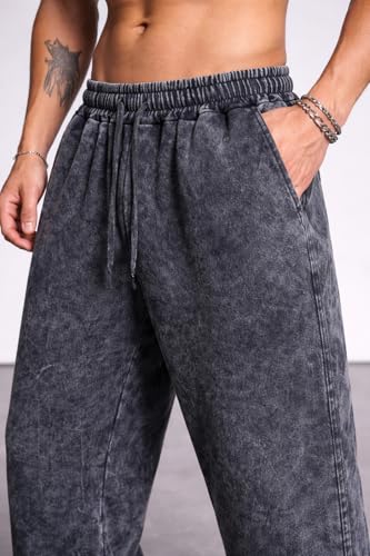 Image of boffi ... 100% Cotton Men's Relaxed Fit Pants, Wide Leg Fit, Acid Wash, Drawstring Elastic Waist, Casual Street Style
