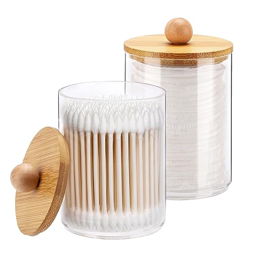 Image of Tbestmax 10-Ounce Qtip Holder Bathroom Jars Canisters for Cotton Ball Swab Pad Storage Dispenzer, Bamboo Lid (2 Pack)