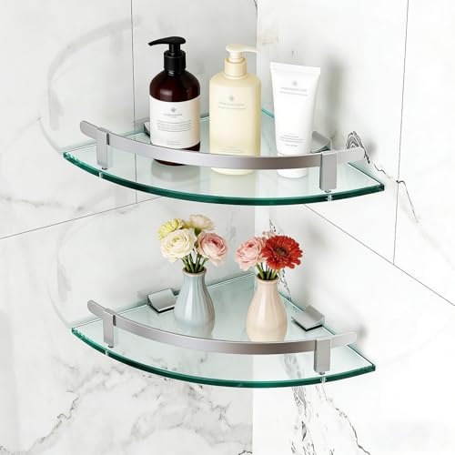 WAKLOND Bathroom Shelves Glass Shelf Wall Mounted Glass Corner Shower Shelf with Aluminum Rail for Bathroom (2 Packs)