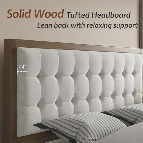 Image of Jocisland Queen Bed Frame Solid Wood,50 inch Upholstered Headboard,Ash Gray