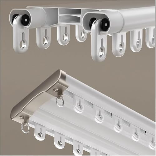 Wytrzymały system podwójnych zasłon – zestaw metalowych prętów do montażu sufitowego do salonu / okna wykuszowego, białe aluminium, zdejmowane, dwie szyny do zasłon dla łatwej instalacji
