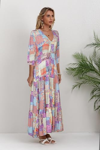 Image of Women Short Sleeve V Neck Floral Print Casual Bohemian Maxi Dresses