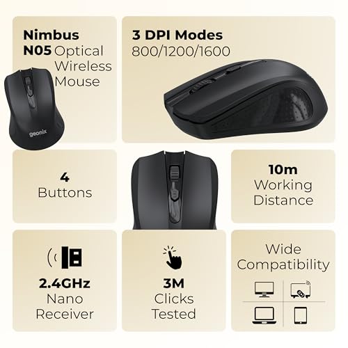 Image of Geonix Nimbus 05 Optical Wireless Mouse | 2.4GHz Wireless | Nano Receiver| 3 DPI Modes | 10m Range | High Precision Tracking | 4 Buttons