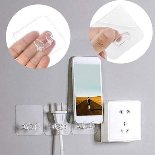 Image of Plastic Adhesive Hook Multifunctional Power Plugs Socket Holder Free Punching Adhesive Hook Power Stickers Wall Mounted Transparent Wall Plug Hook for Keys Towel Kitchen (Pack-5)