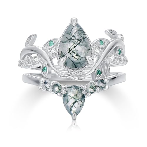 Natural Moss Agate Ring for Women 2CT Oval/Pear/Kite Cut 2 Pieces Engagement Ring Set 10K/14K/18K Solid Gold/Sterling Silve Personalized Wedding Leaf Vintage Bridal Promise Ring for Women