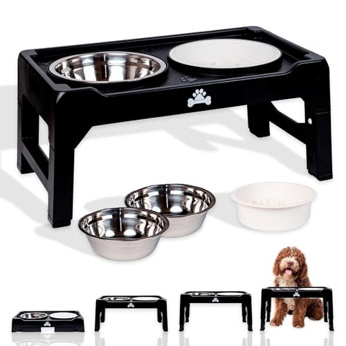 ALEDAVI Comedero Perro Elevado de 4 Alturas Ajustables, 2X Cuencos para Perros de Acero Inoxidable, 1x Cuenco Perro Antivoracidad. Comederos para Perros Elevado Grande, Mediano y Pequeño. Bebedero