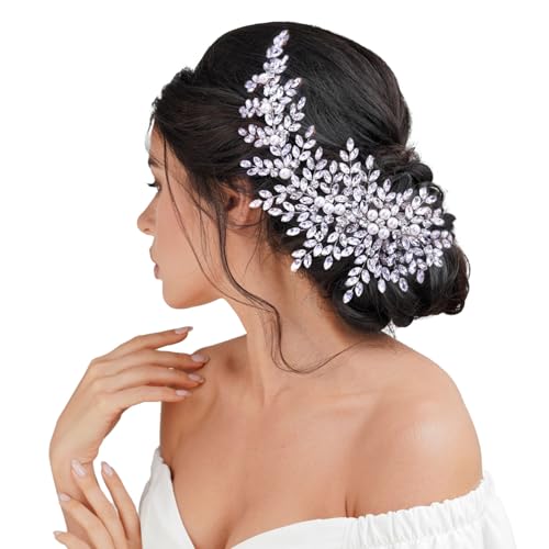 Crystal Wedding Hair Comb, Rhinestone Pearl Side Comb for Women,