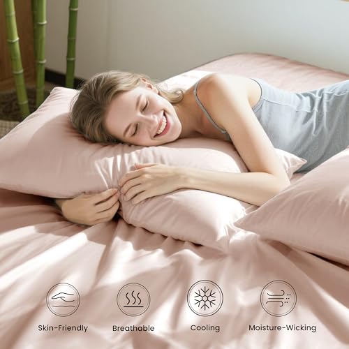 Image of Love's cabin 4 Piece Queen Sheet Set, 100% Rayon Derived from Bamboo, Cooling & Breathable, Soft Silky Deep Pocket up to 16 inch, Hotel Luxury Bedding for Hot Sleepers, Pink