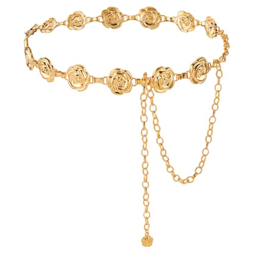 Rose Waist Chains Belts for Women, Adjustable Flower Bridal Wedding Belt Floral Skinny Metal Waist Belt for Dresses