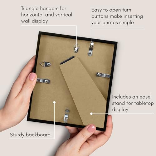 Americanflat 7x8 Picture Frame with Shatter-Resistant Glass - Streamline Collection - Thin Border Photo Frame for Tabletop and Wall Display - Hanging Hardware and Easel Stand Included - Black