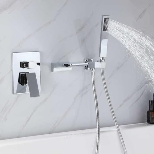 Mitigeur de bain-douche gris avec robinets cascade muraux et douchette - 4