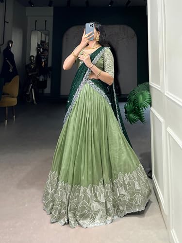 Image of Suppar Sleave Women's Embroidered Vichitra Silk Lehenga Choli Dupatta Set Semi-Stitched Blouse and Fit & Flare Style