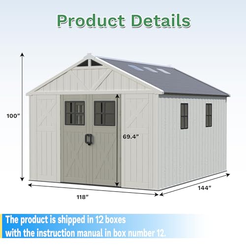Image of Greesum 10x12FT Resin Outdoor Storage Shed with Floor, Plastic Sheds, Beige | Easy to Assemble Kick-it Shed| Eco-Friendly HDPE Material| Lockable Doors with 5-Windows & Multiple Skylights