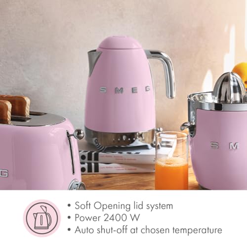 Image of SMEG Variable Temperature Electric Kettle 1.7L (7 Cup), Stainless Steel Tea & Coffee Kettle, Fast Boil, Adjustable Temp 122F-212F, Keep Warm, Auto Shut-Off, 360 Base, Retro Style-Pink