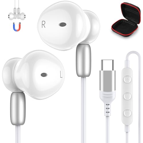 APETOO USB C Headphones Type C Earbuds for Google Pixel 10 Pro 9 8 7 6, Magnetic USB C Earphones with Mic Volume Control for iPhone 17 16 15 Pro Max Galaxy S26 S25 A17 A16 S24 for Motorola Razr, White