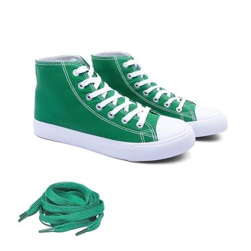 Green High Top Sneakers for Women, Canvas High Tops Shoes Women's with Extra Hightop Sneaker Laces, Green, Size 7