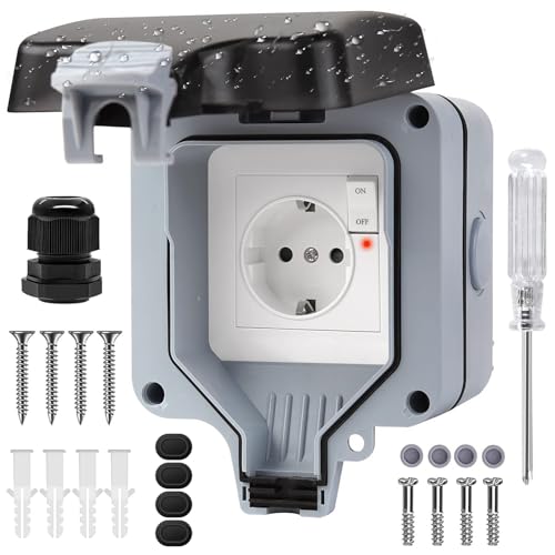 Herbst Presa esterna impermeabile IP66, presa esterna 1 presa esterna con interruttore, spia di controllo, resistente alle intemperie, presa da giardino, contatto di protezione, presa da parete per