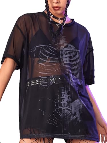 Floerns Women's Short Sleeve Skeleton See Through Sheer Mesh Tee Shirt Blouse Rave Tops