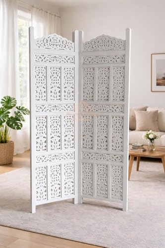 Image of Home & Goods International Wooden Room Divider Partition - Foldable Wood Screen Separator for Living Room, Bedroom, Office, Restaurant || Kangra Badrun Design, White (2 Panel)