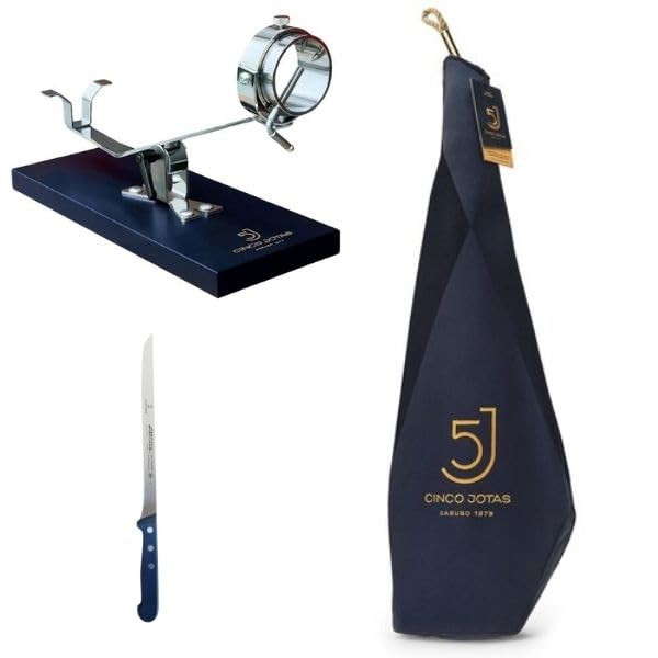 Jamón Cinco Jotas 5J de 7 a 8 kg con soporte y cuchillo. Salchichón ibérico 300 g Exqium de regalo.