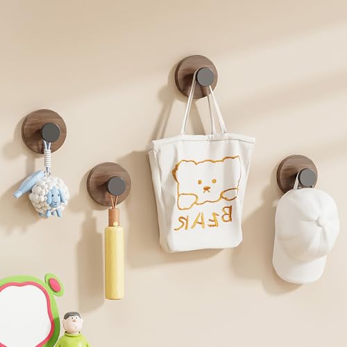 Image of House of Quirk Wall Mounted Adhesive Hooks - Set of 4 Heavy Duty Multipurpose Hooks for Towels, Robes, Hats, Clothes, Keys, Jackets, Bags (Brown)