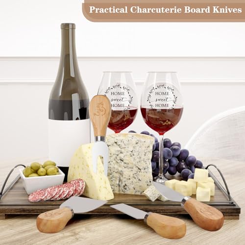 House Warming Gifts New Home – Marble & Acacia Wood Cheese Board, 4 Cheese Knives, Candle, 2 Wine Glasses, 2 Coasters, Greeting Card – Home Sweet Home Gift for Couples, Friends, New Homeowners - Image 3