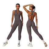 Running sanzi Sleeveless Workout Jumpsuit for Women Zip Up Romper Shorts V Back Scrunch Sexy One Piece (#1 Grey, Medium, Leggings)