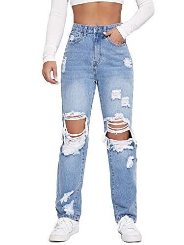 WDIRARA Women's High Waisted Ripped Straight Leg Jeans Cut Out