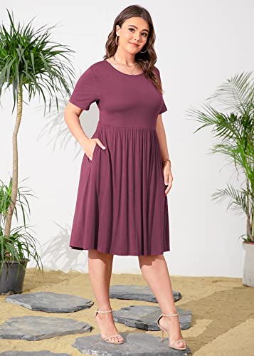 Image of POSESHE Womens Plus Size Summer Dress 2026 Casual Short Sleeve Empire Waist Loose Fit Swing T-Shirt Dress with Pockets