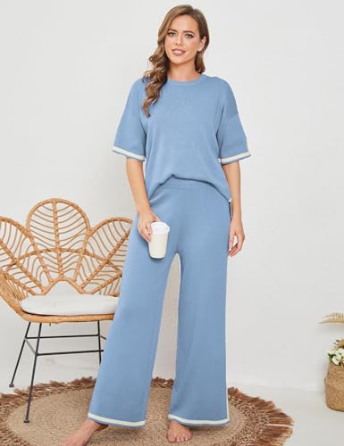 Image of Tanming Sweater Sets Women 2 Piece Lounge Sets Short Sleeve Knit Pullover Tops Wide Leg Pants