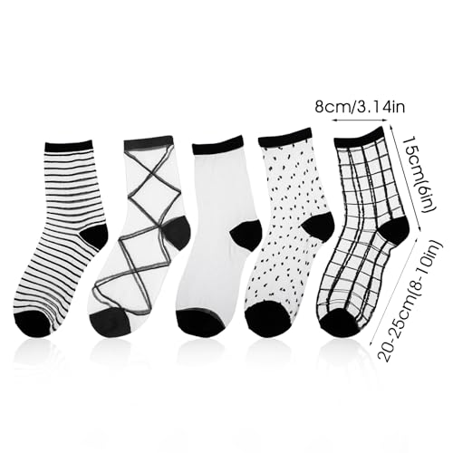 Image of Lusofie 5 Pairs Sheer Black See-Through Socks - Checkered Dot Striped Plaid Ankle Summer Socks for Women - Thin Fashion