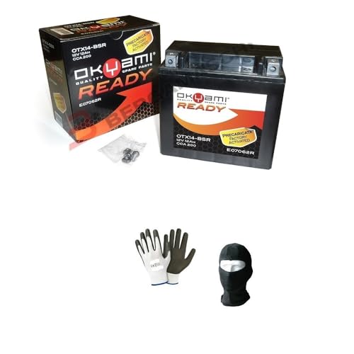 DESCRIZIONE E CARATTERISTICHE PRODOTTO: BATTERIA OKYAMI OTX14-BSR PRECARICATA SIGILLATA -BATTERIA PRONTA PER L’UTILIZZO: GIA’ CARICA!! -Sigillata/ermetica, -precaricata (attivata in fabbrica - Factory Activated) -12 Volt 12 Ah ampere -dimensioni: 150x87x145 mm - Corrente carica 1,2 A - CCA 200 -NEL TITOLO INDICHIAMO IL MODELLO SPECIFICO PER LA TUA MOTO O PER IL TUO SCOOTER!!