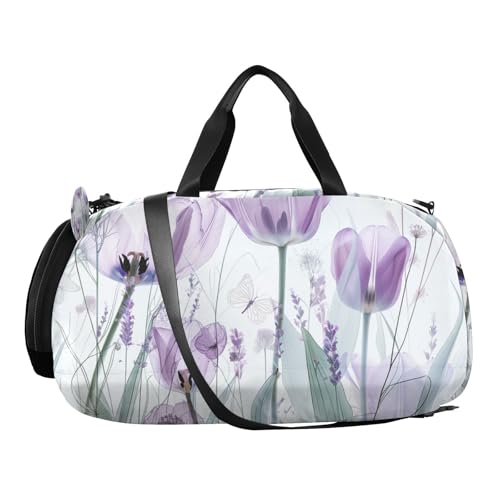 Duffle Bag for Boys or Girls with Shoes Compartment, Purple Tulips Flowers Pastel Sports Travel Bag Overnight2