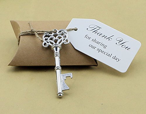 50Pcs Wedding Favors Candy Box W/ Antique Skeleton Key Bottle Openers Escort Card Thank You Tag Pillow Box (Key Style - Mixed Silver) #TOP4