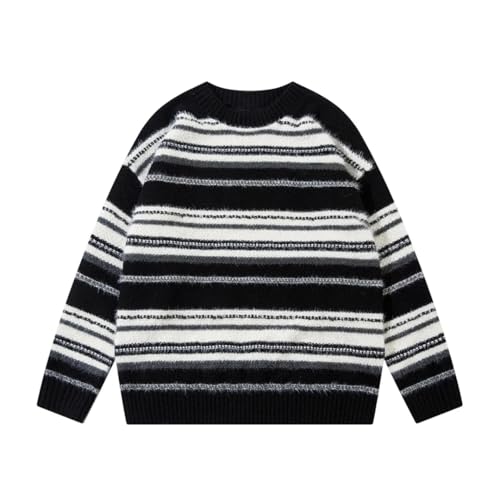 Men's Casual Striped Knitted Sweater Street Loose Long-Sleeved Round Neck Pullover Top