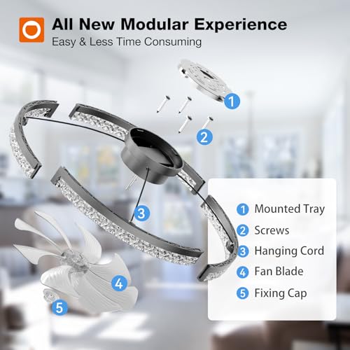 addlon Ceiling Fans with Lights and Remote, 24\'\' Low Profile Flush Mount Ceiling Fan, 3000–6000K Dimmable LED Fandelier, Bladeless Crystal Fan Light for Bedroom, Kitchen, Living Room, Black - Thumbnail 6