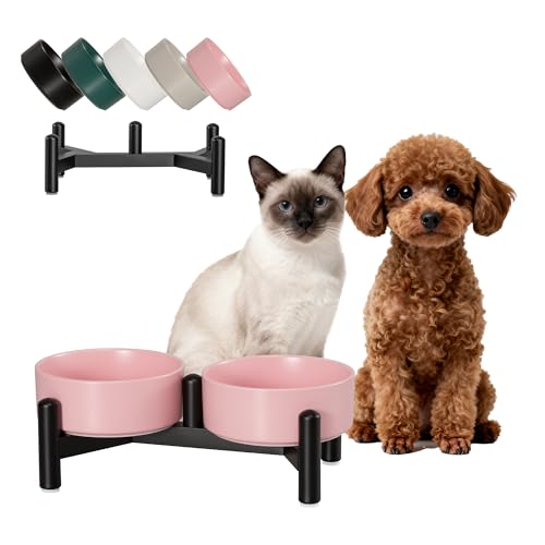 Comedero Perro Elevado de Cerámica - Cuenco Doble con Soporte de Acero Inoxidable - Comedero y Bebedero para Perros Pequeños y Gatos - 160 g（320 ml） x 2 - Rosa