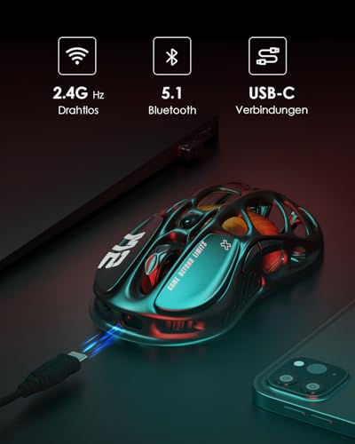 GravaStar Mercury M2 Gaming Maus Kabellos mit 26.000 DPI, PAW3395 DM Sensor, 79 g Ultraleicht, 5 RGB-Modi, 5 programmierbare Tasten, Tri-Mode (2,4 GHz/Bluetooth/Kabel), für PC/Mac – Schwarz 5