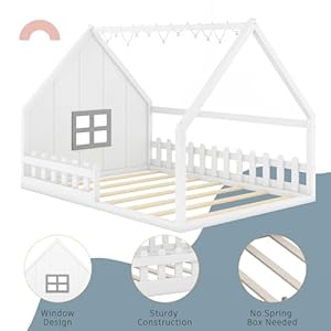 Merax Full Size House Bed for Kids, Wood Montessori Floor Bed with LED Light Toddler Floor Bed with Fence and Window, Toddler Bed Frame for Girls Boys, White Merax Full Size House Bed for Kids Wood Montessori Floor Bed with LED Light Toddler Floor Bed with Fence and Window Toddler Bed Frame for Girls Boys White