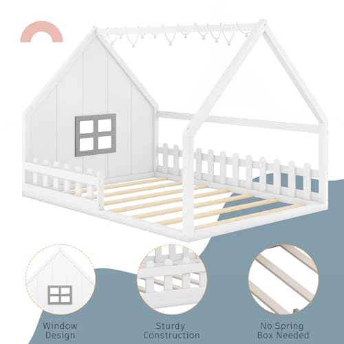 Merax-Full-Size-House-Bed-for-Kids-Wood-Montessori-Floor-Bed-with-LED-Light-Toddler-Floor-Bed-with-Fence-and-Window-Toddler-Bed-Frame-for-Girls-Boys-White Merax Full Size House Bed for Kids Wood Montessori Floor Bed with LED Light Toddler Floor Bed with Fence and Window Toddler Bed Frame for Girls Boys White