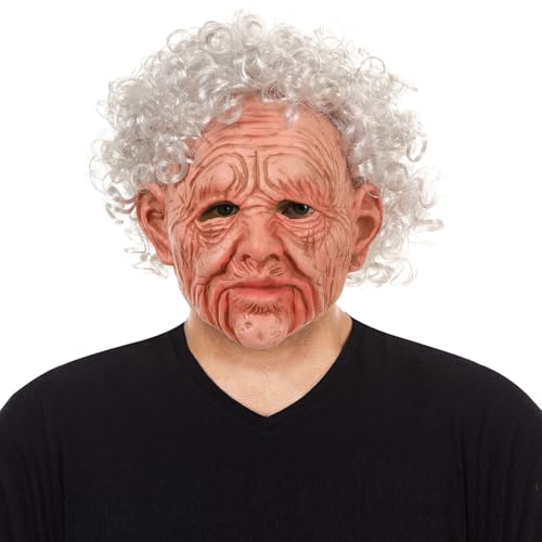 JoyFuncos Realistic Old Man Mask Halloween Scary Old Person Full Head Latex Mask Creepy Wrinkle Human Face Costume Props Cosplay for Adults
