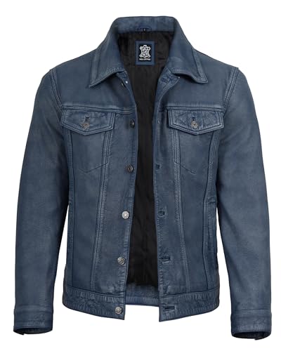 Image of fjackets Real Lambskin Vintage Trucker Leather Jacket Men - Shirt Collar Style Leather Jackets For Mens
