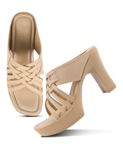 Image of JM LOOKS Women Stylish Woven Strap Platform Block Heel Sandals Perfect For Party And Festive Occasions